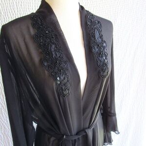 Solid Black Dressing Gown Robe M L Sheer Beaded Lace Linena Donatella Belt